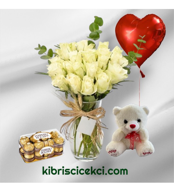 Vazoda 23 Beyaz Gül Ayıcık 16'lı Ferrero Çikolata Kalp Helyum Balon